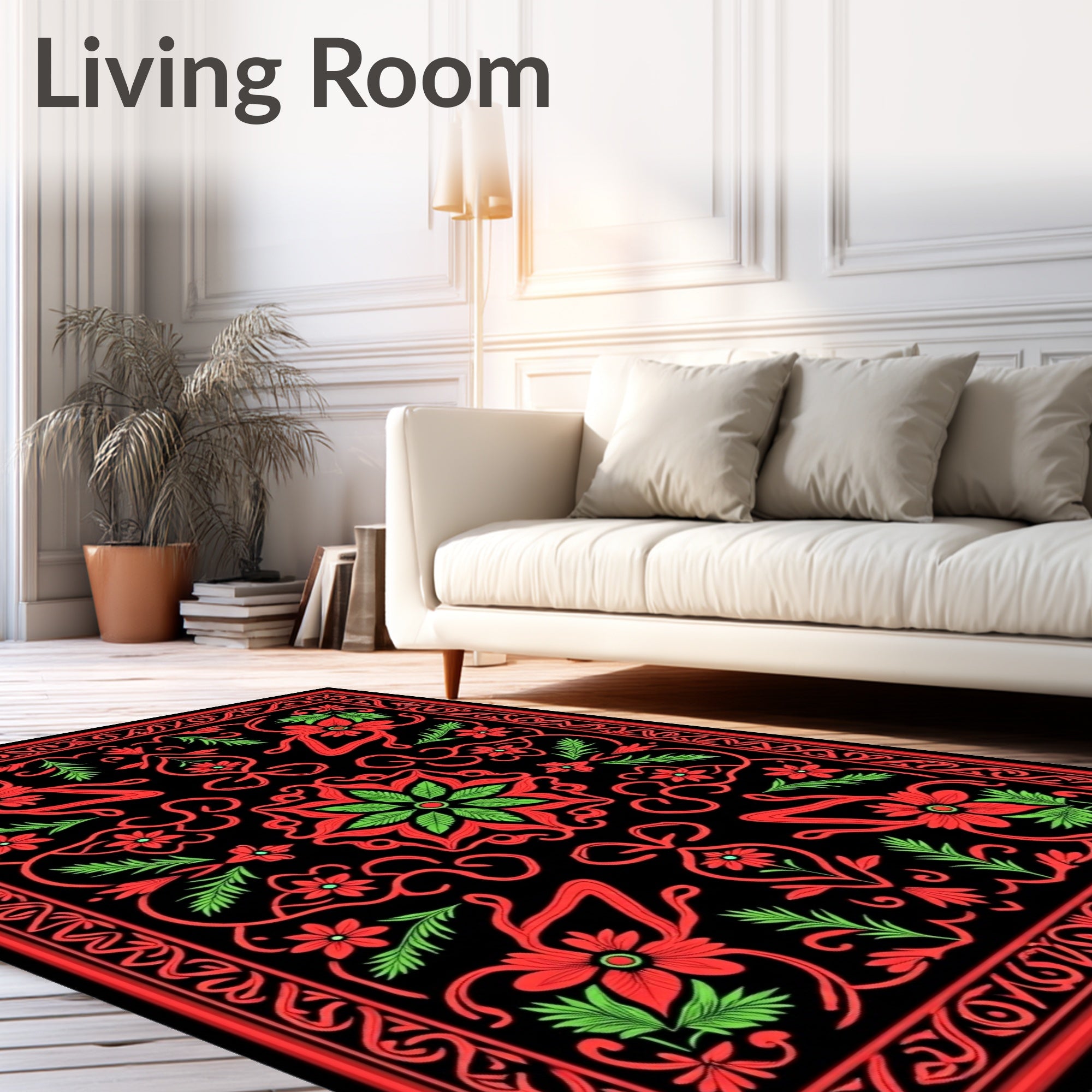 Crimson Floral Swirls Black Rug