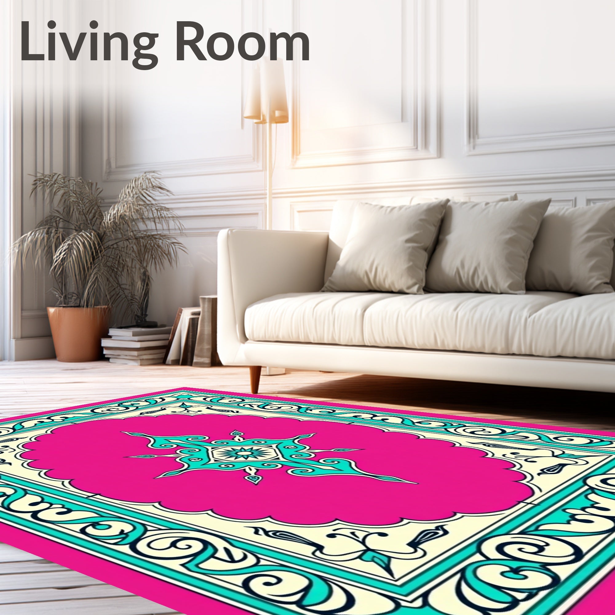 Vibrant Pink Turquoise Scrollwork Medallion Rug