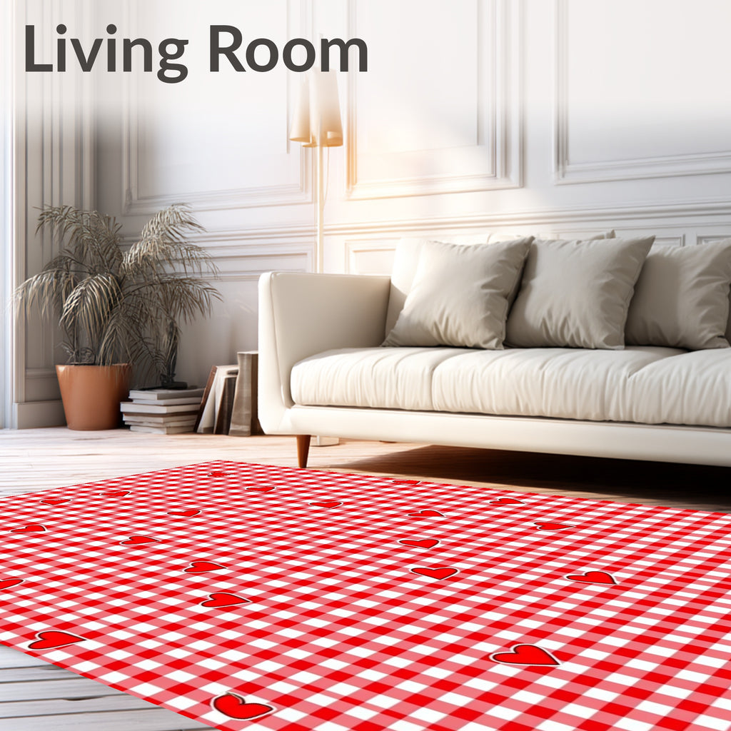 Red White Gingham Heart Scatter Rug