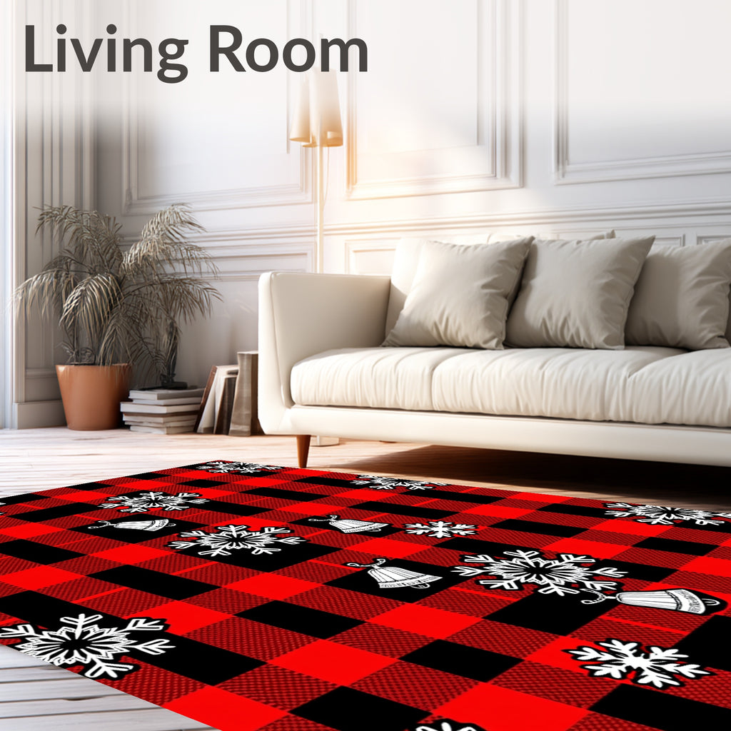 Red Black Buffalo Check Snowflakes Bells Rug
