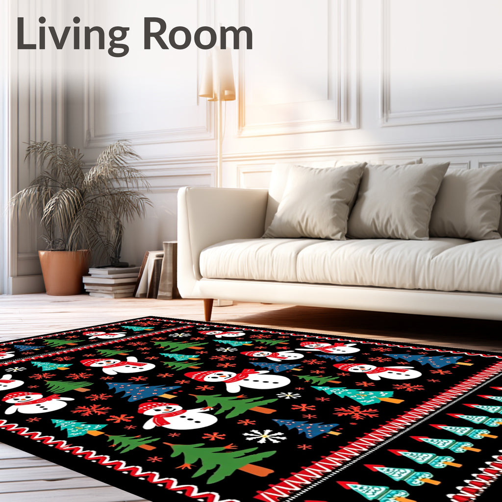 Festive Snowmen Christmas Trees Snowflakes Rug