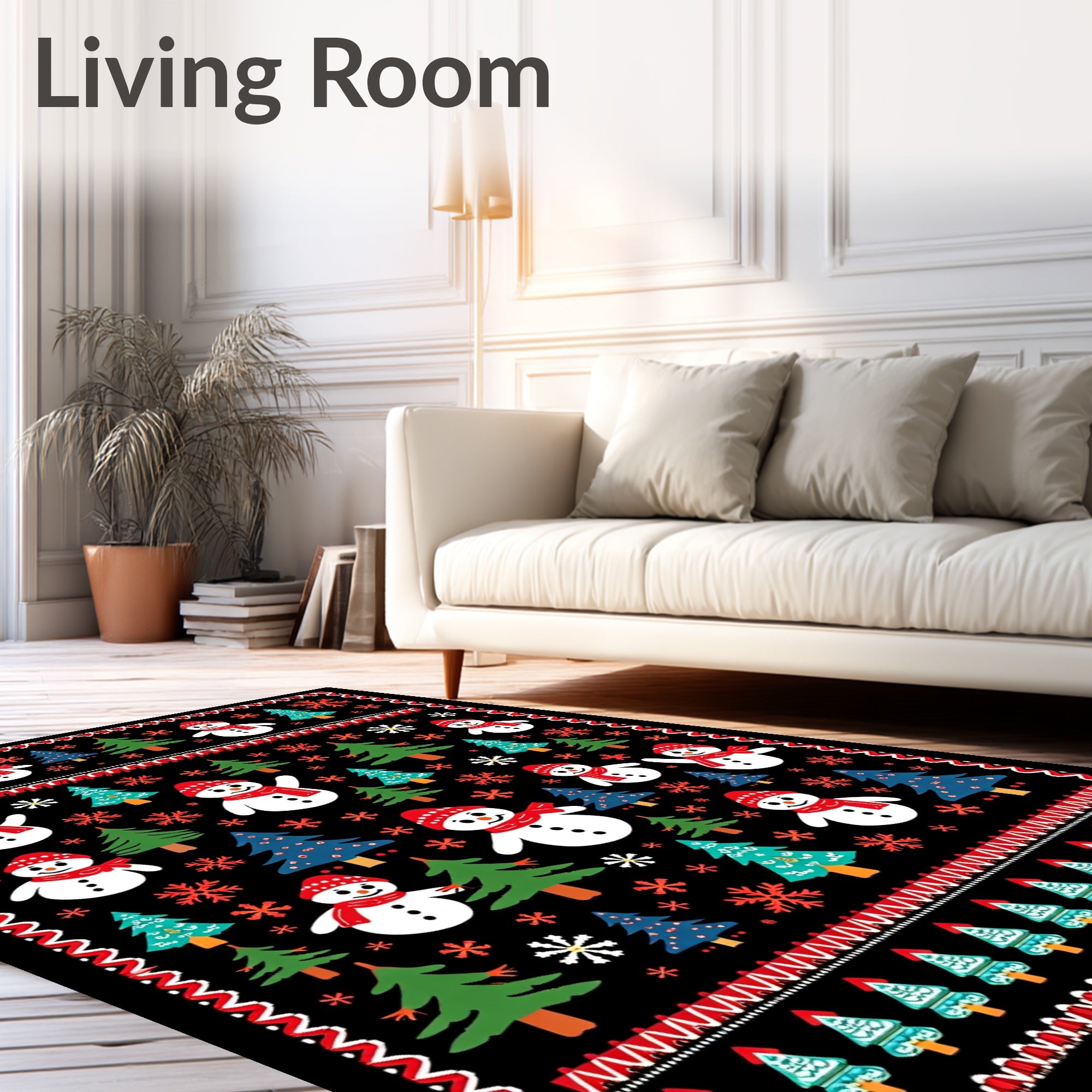 Festive Snowmen Christmas Trees Snowflakes Rug
