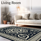 Dark Blue Cream Floral Medallion Border Rug