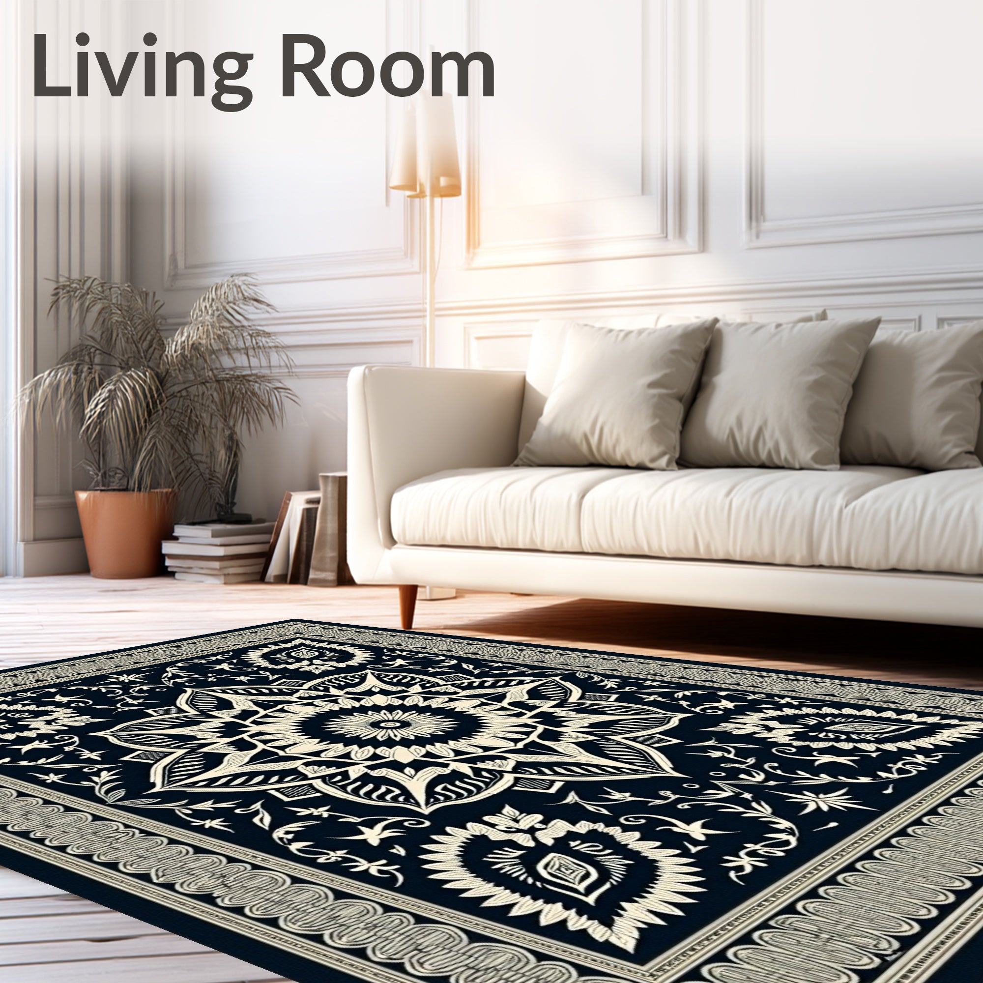 Dark Blue Cream Floral Medallion Border Rug