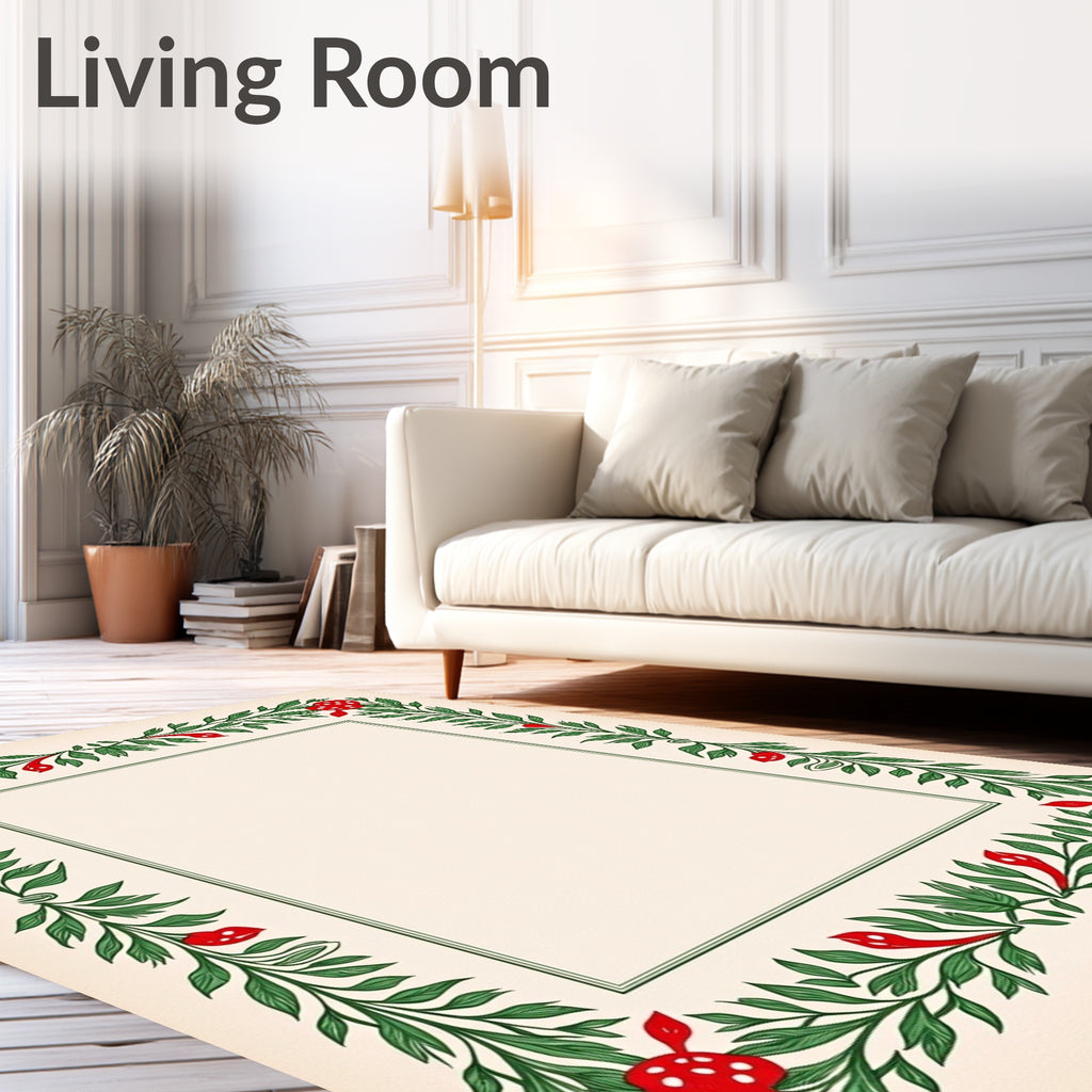 Whimsical Red Mushroom Green Leaf Border Rug
