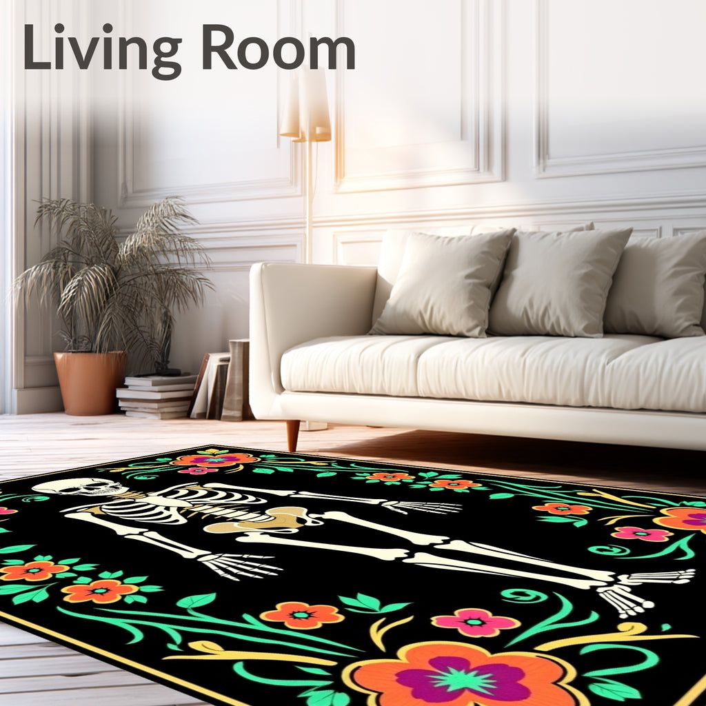 Black Skeleton Floral Frame Rug