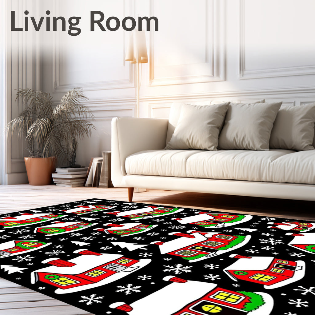 Festive Red Houses Snowflake Christmas Rug