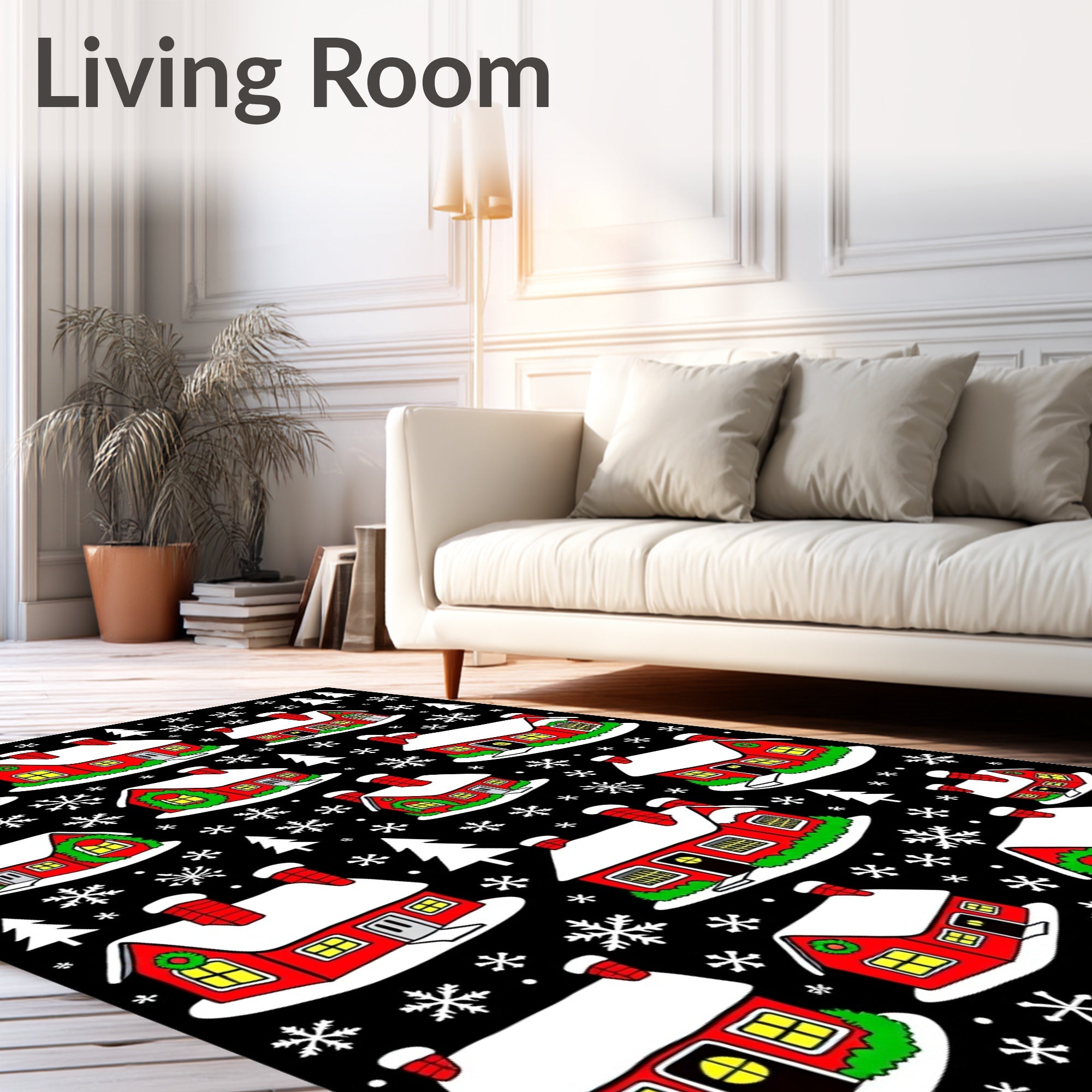 Festive Red Houses Snowflake Christmas Rug