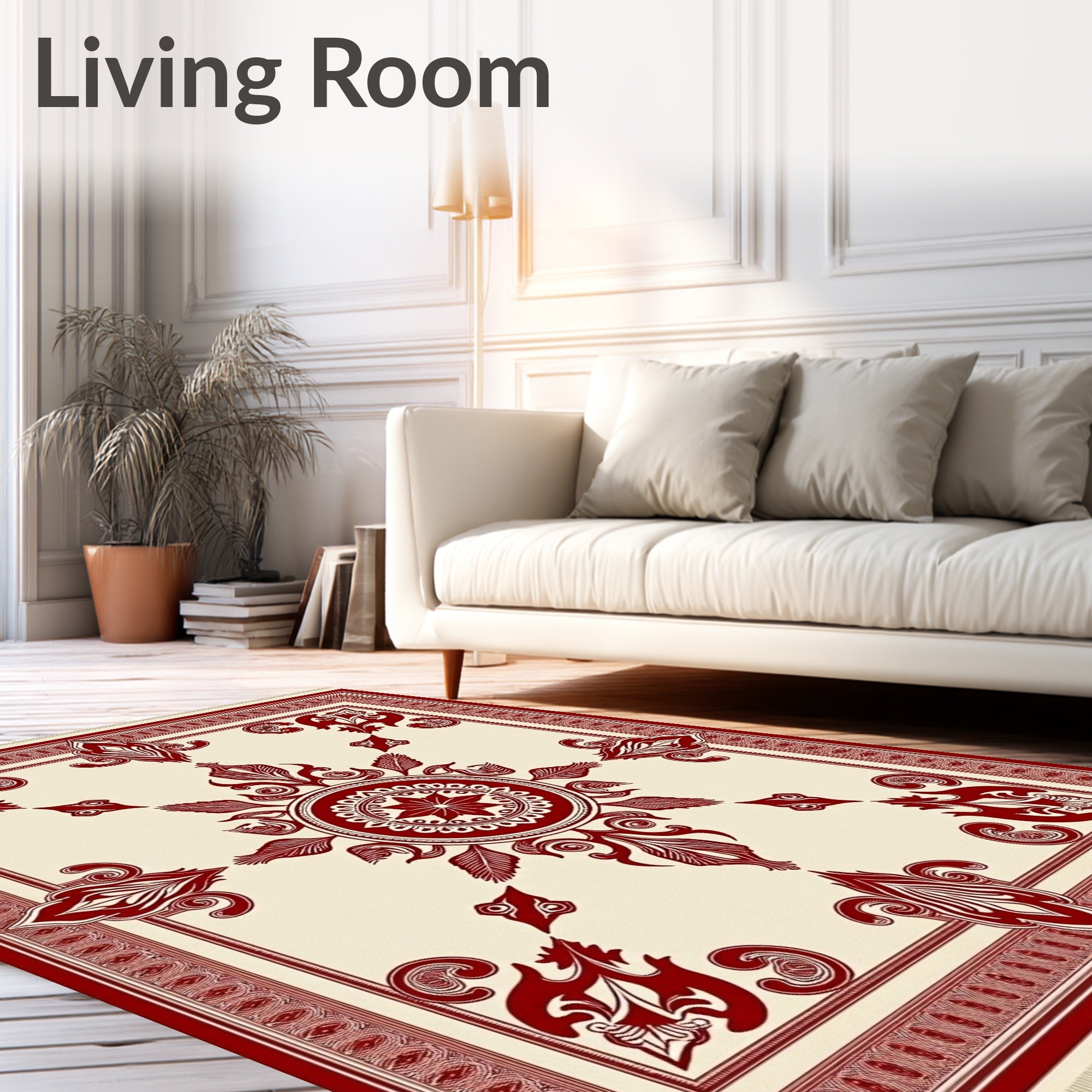 Crimson Floral Medallion on Cream Rug