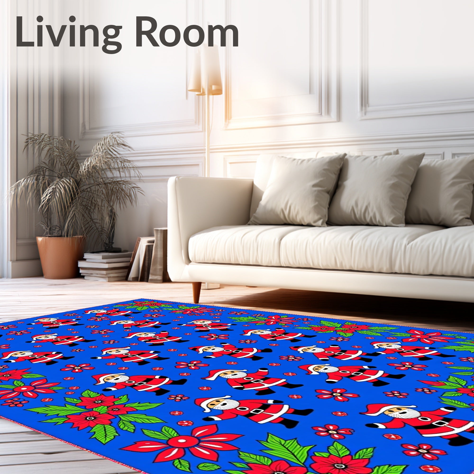 Holiday Santa Claus Red Poinsettia Border Rug