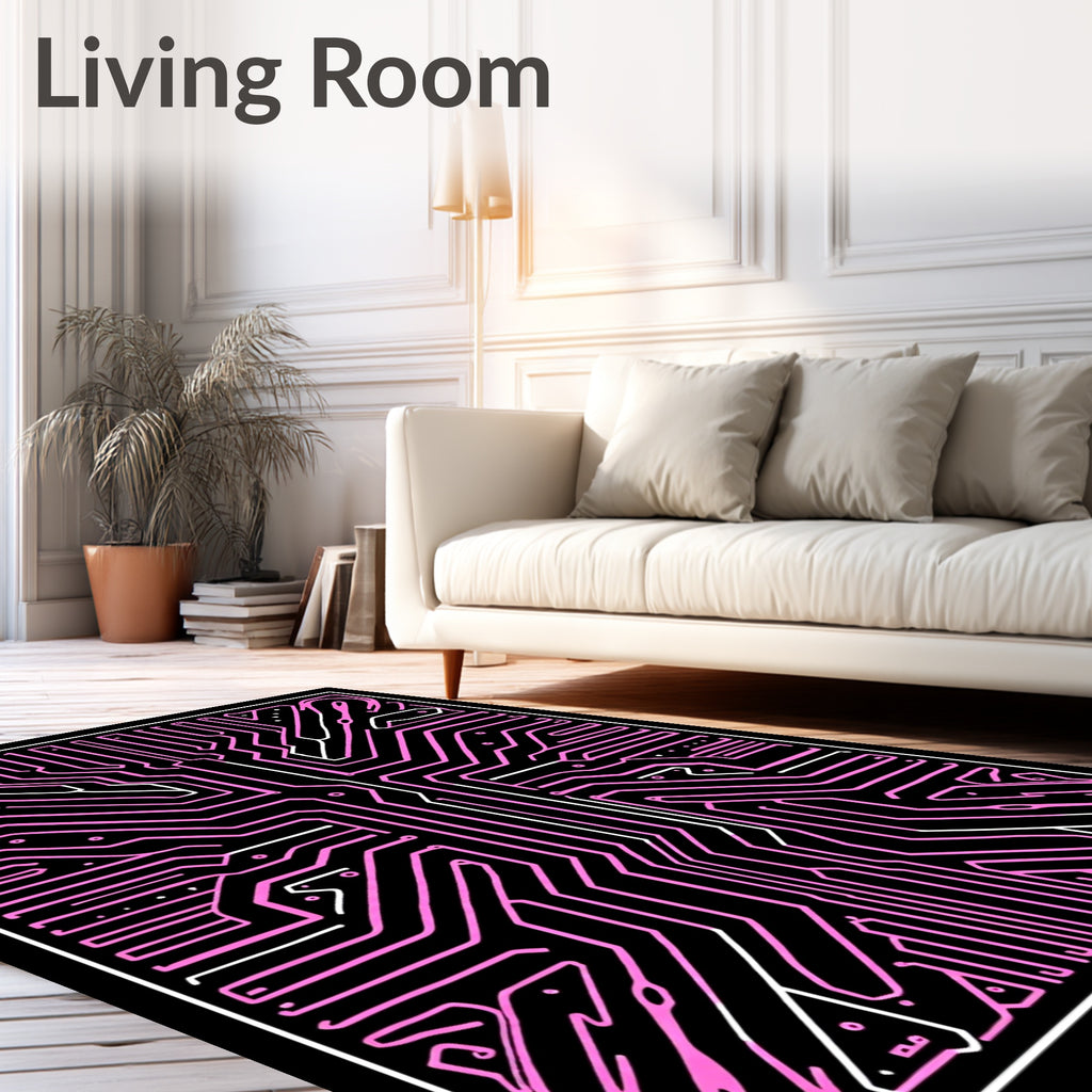 Pink Circuit Board Geometric Lines Rug