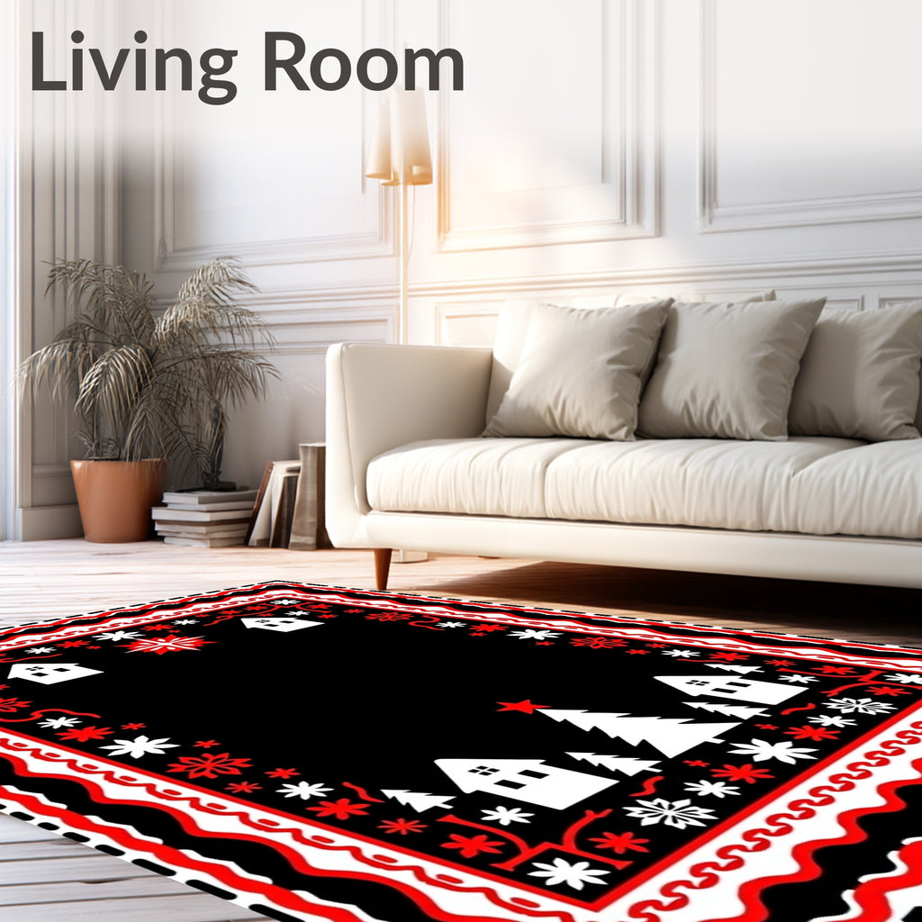 Red White Snowy Village Border Rug