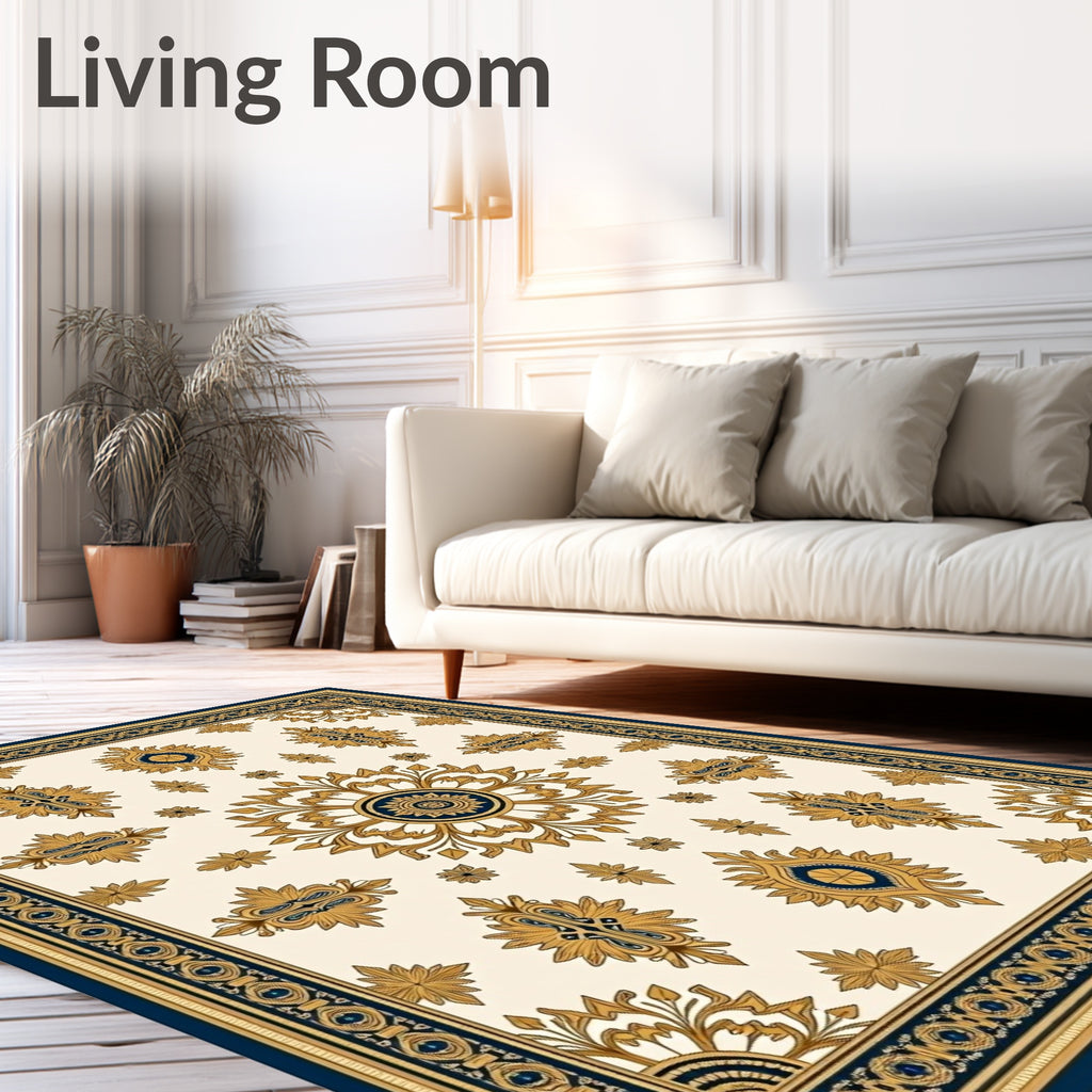 Ornate Floral Medallion Cream Navy Rug