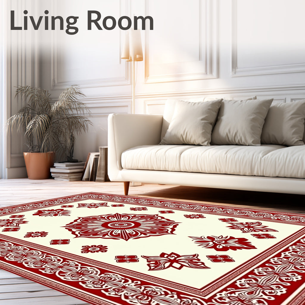 Crimson Ivory Floral Mandala Border Rug