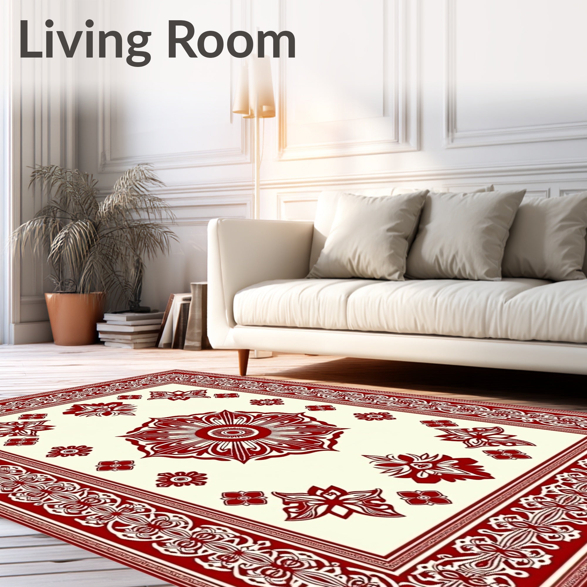 Crimson Ivory Floral Mandala Border Rug