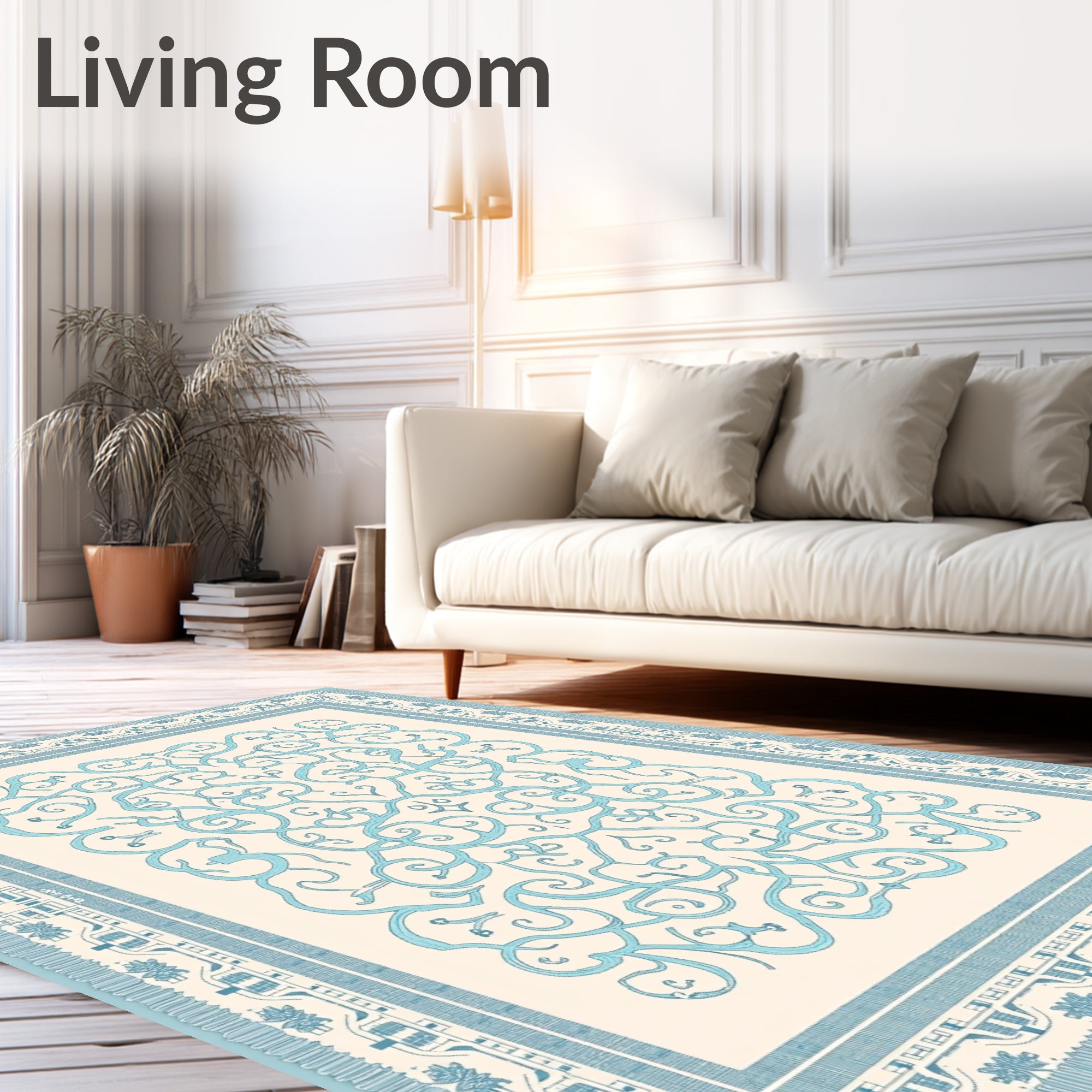 Light Blue Ornate Scroll Medallion Rug