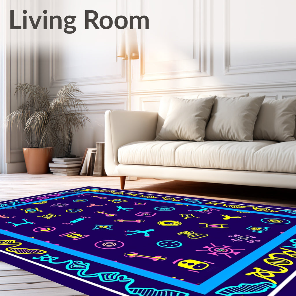Vibrant Neon Science Icons Collage Rug