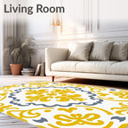 Yellow Gray Rococo Scroll Medallion Rug