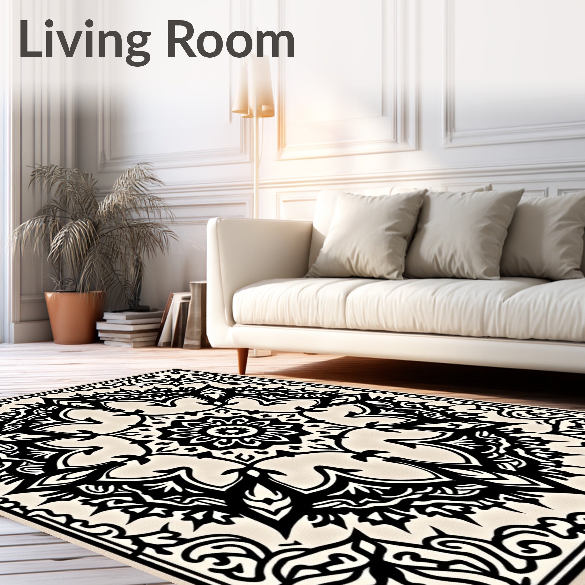 Black Cream Mandala Floral Medallion Rug