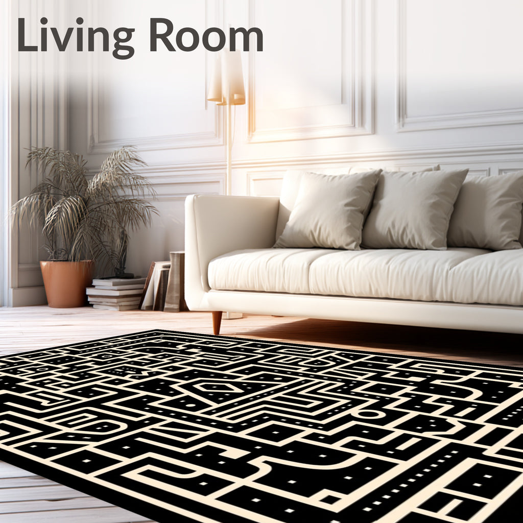 Maze Black Cream Geometric Labyrinth Rug