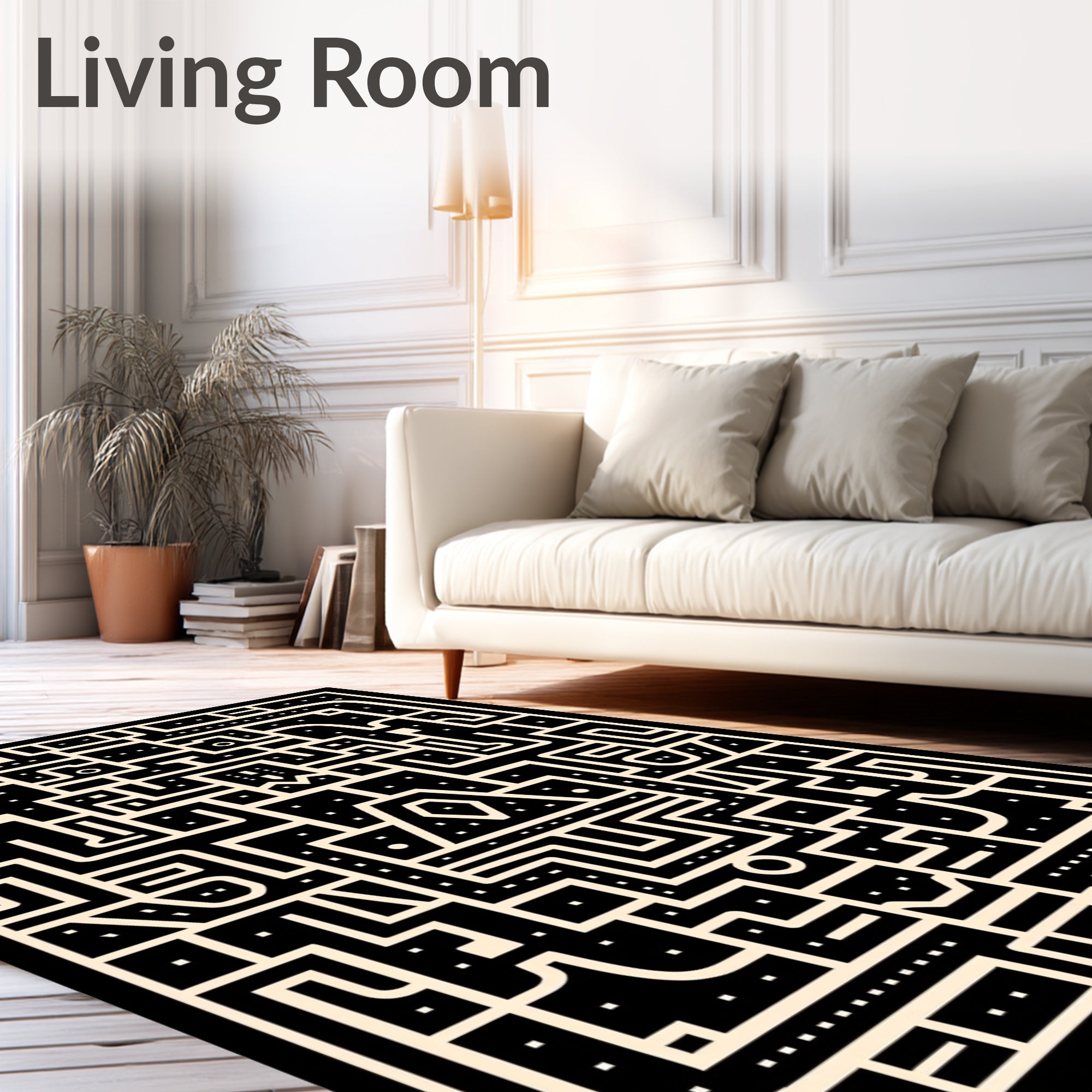 Maze Black Cream Geometric Labyrinth Rug