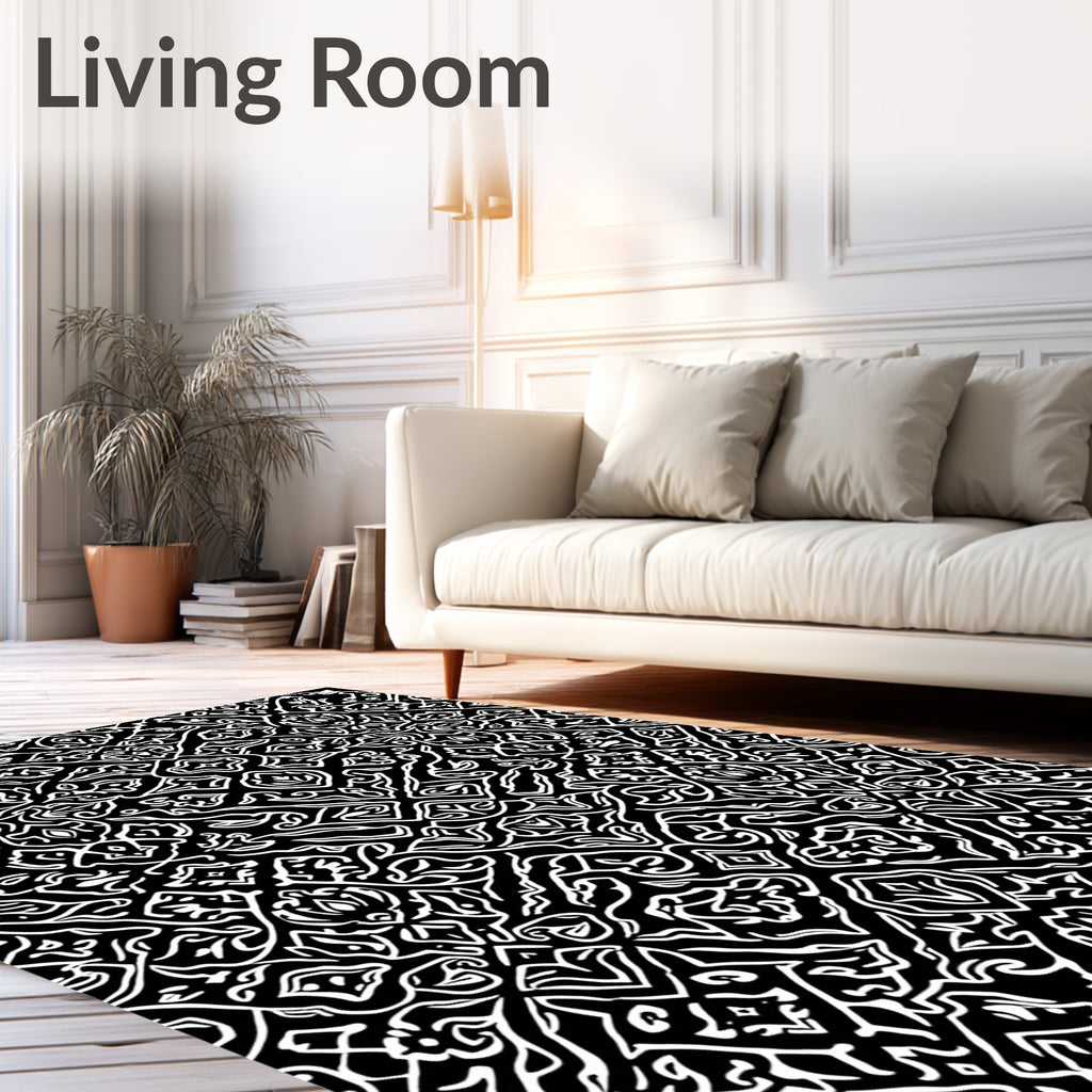 Black White Intricate Floral Scroll Rug
