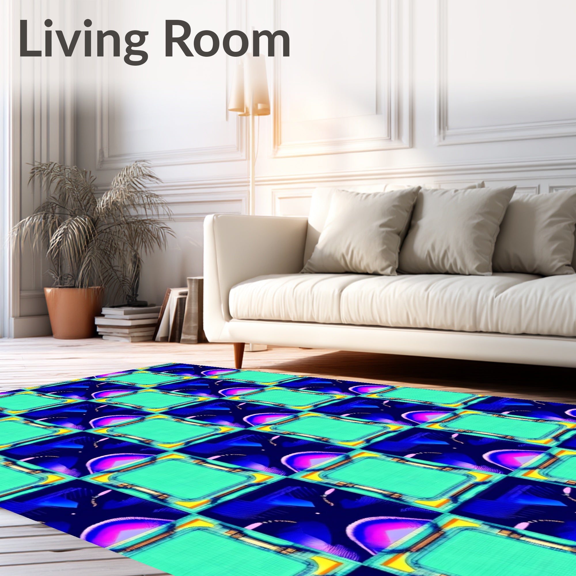Cyberpunk Teal Geometric Square Mandala Rug