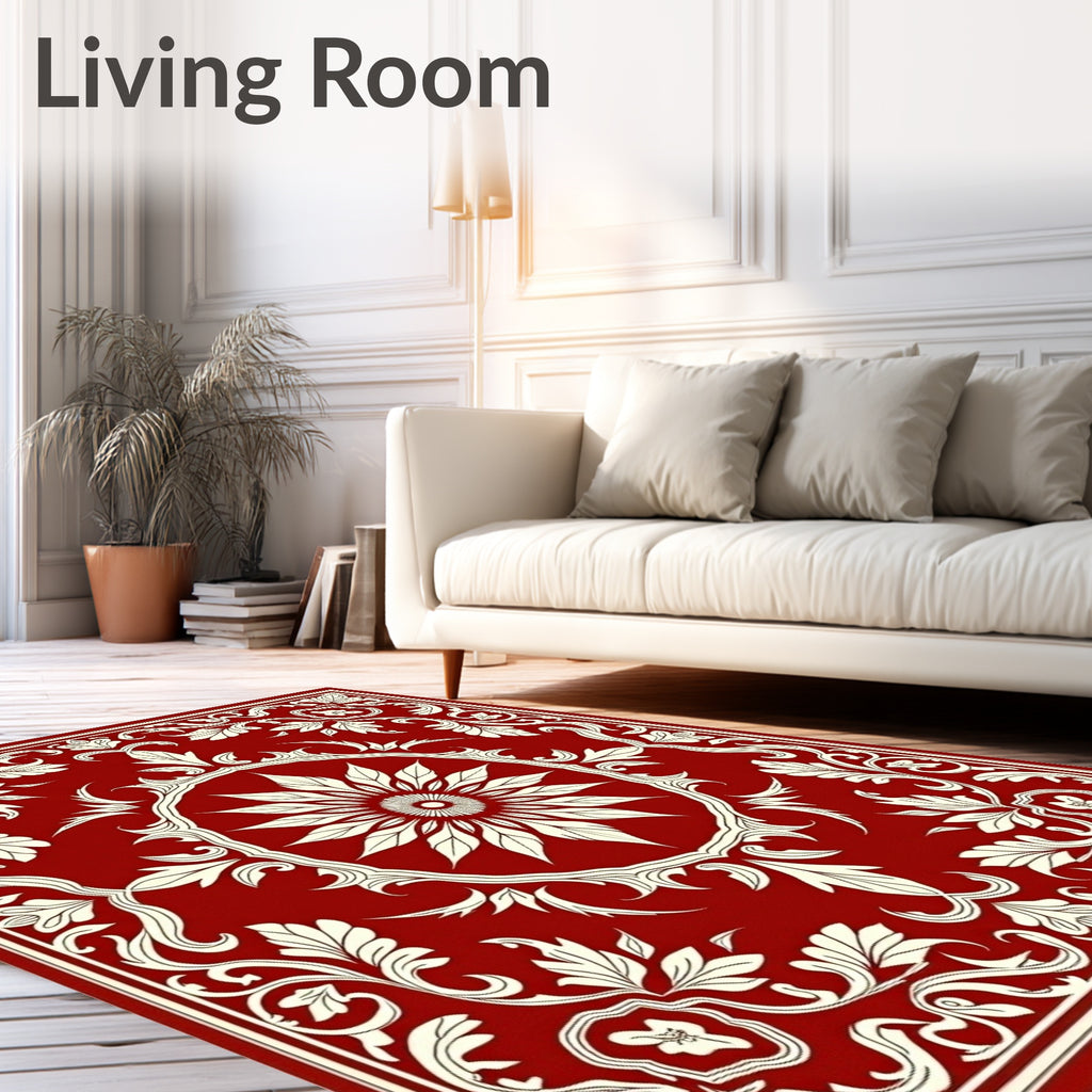 Ornate Crimson Sunburst Botanical Scroll Rug