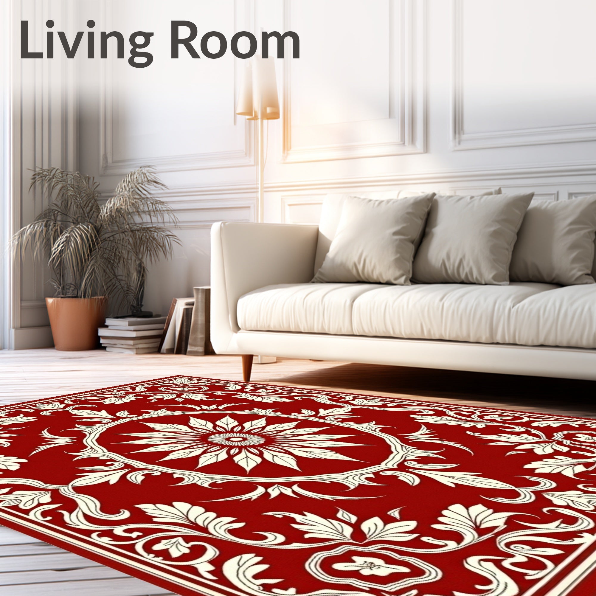 Ornate Crimson Sunburst Botanical Scroll Rug