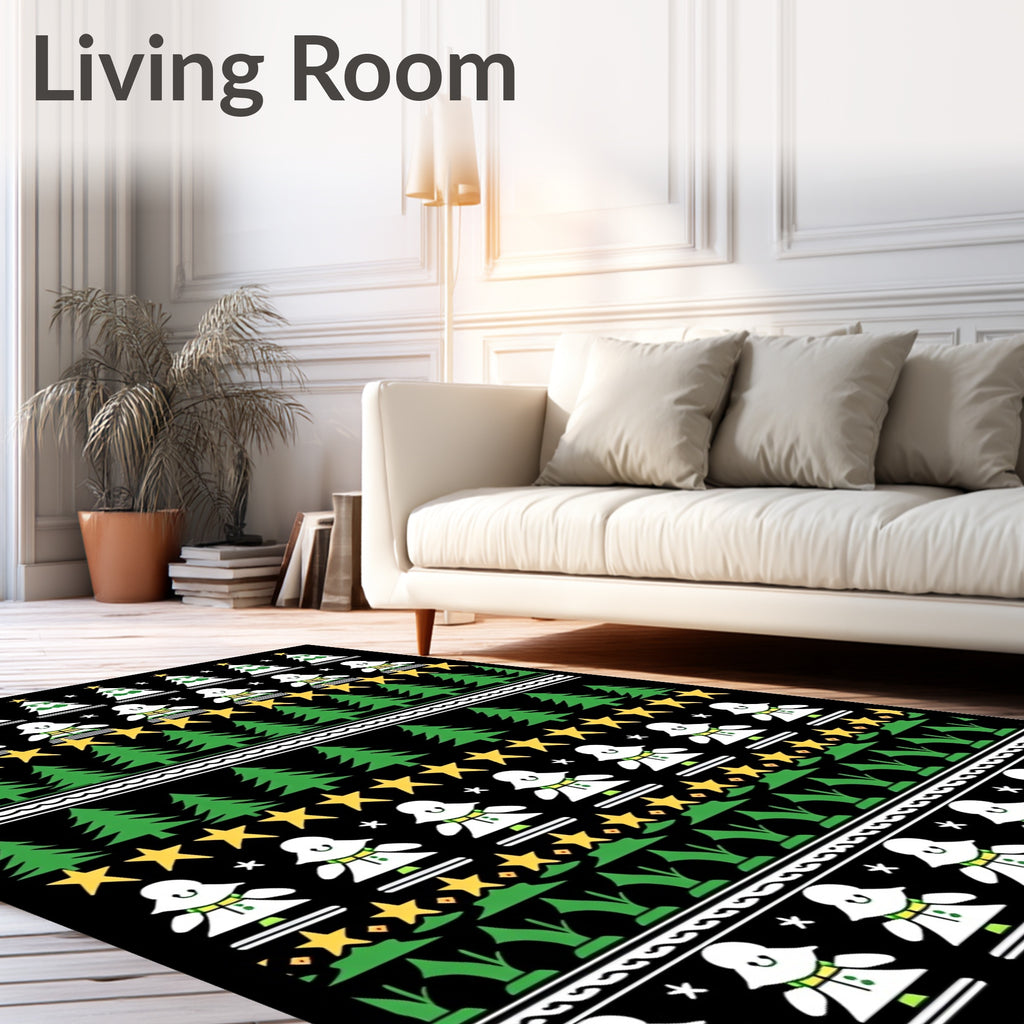 Festive Green Christmas Trees Stars Rug