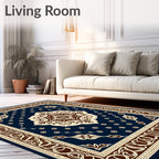 Damask Navy Cream Central Medallion Rug