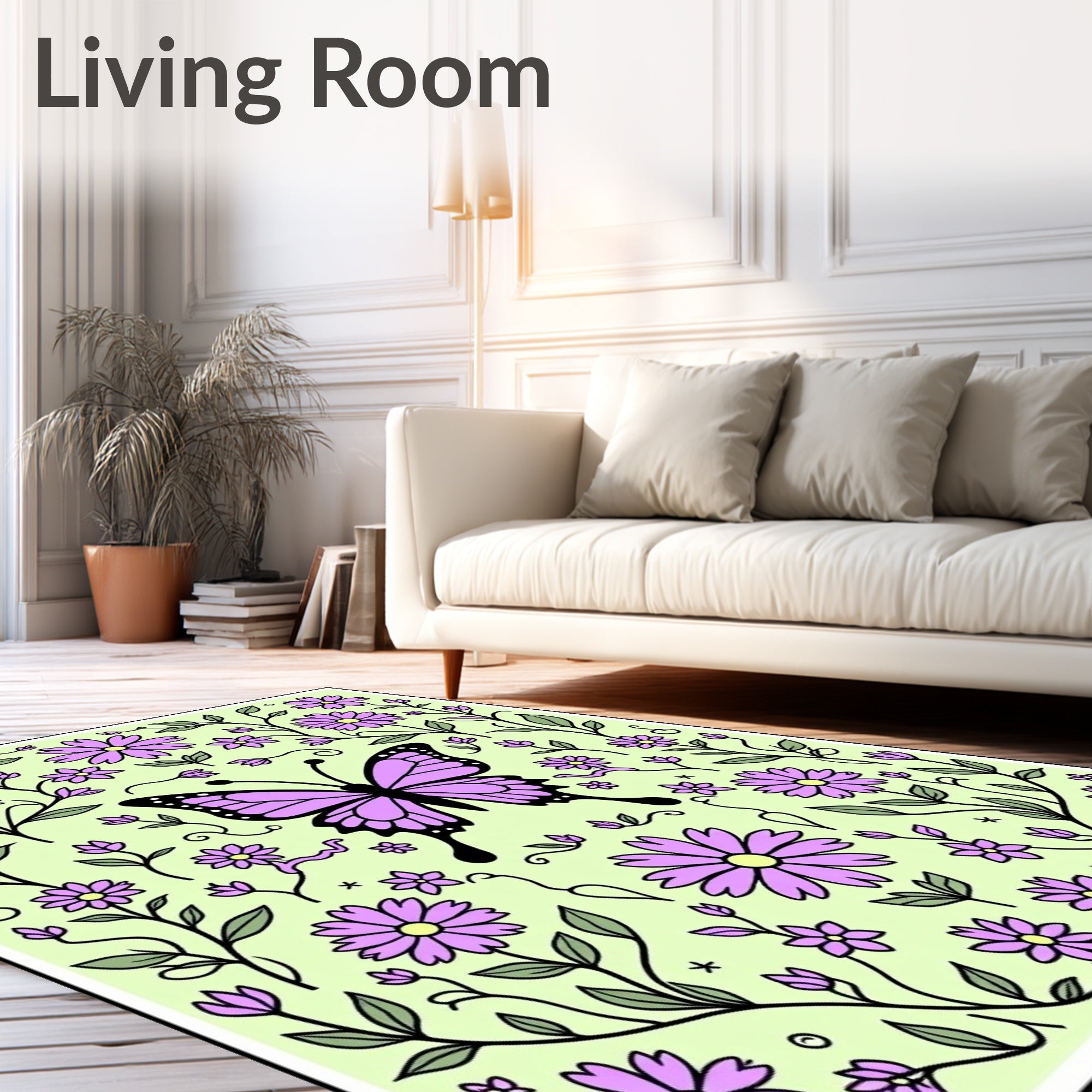 Whimsical Purple Butterfly Floral Garden Design Rug