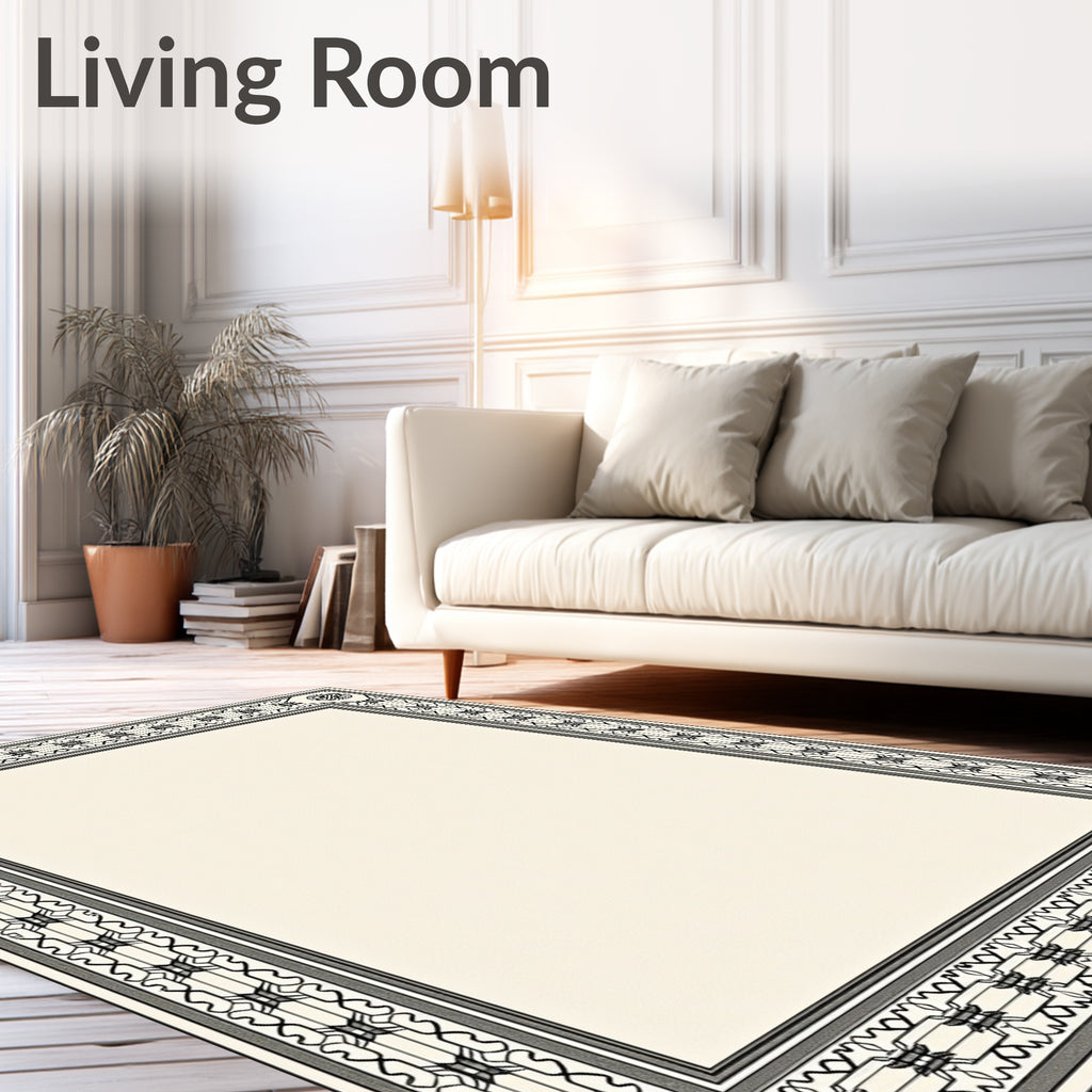 Classic Black and White Geometric Border Rug