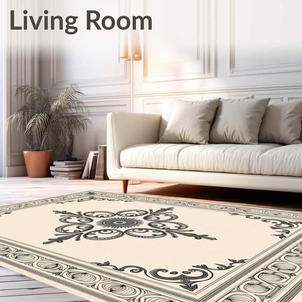 Ornate Ivory and Dark Gray Medallion Rug