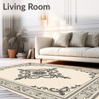 Ornate Ivory and Dark Gray Medallion Rug