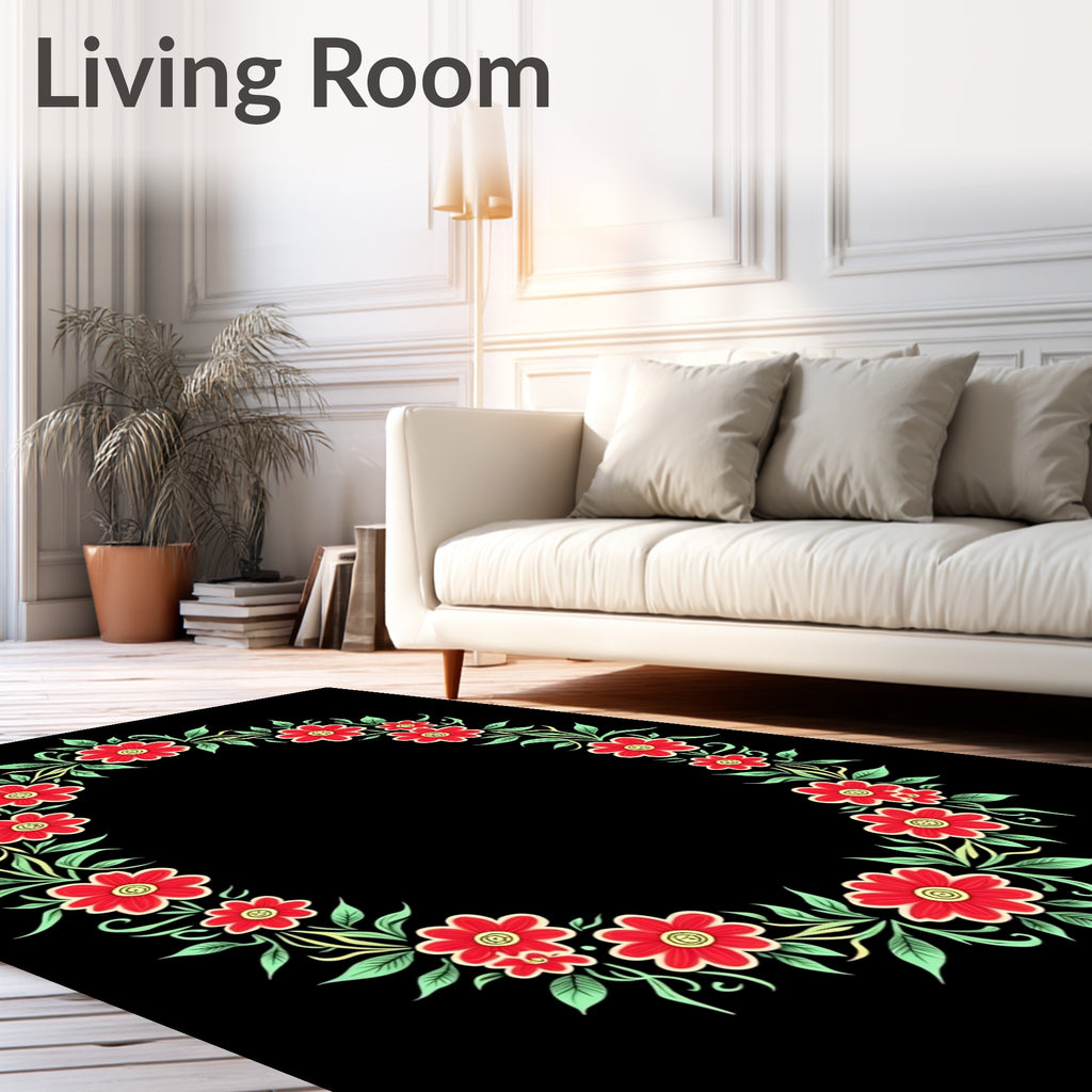 Vibrant Red Floral Laurel Wreath Rug
