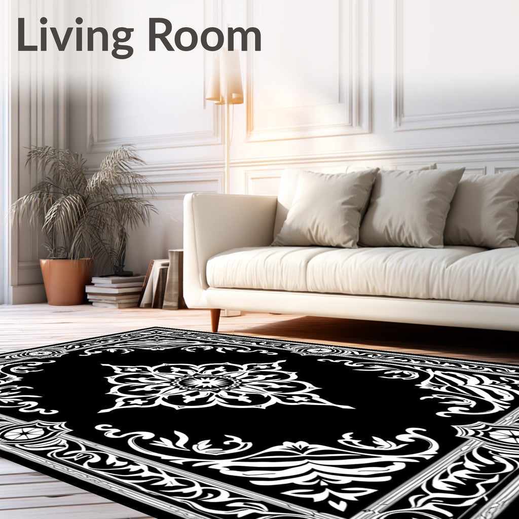 Black and White Ornate Medallion Scroll Rug