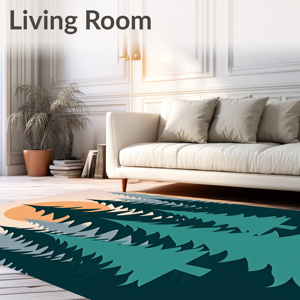Deep Forest Sunrise Teal Trees Rug