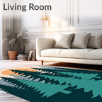 Deep Forest Sunrise Teal Trees Rug