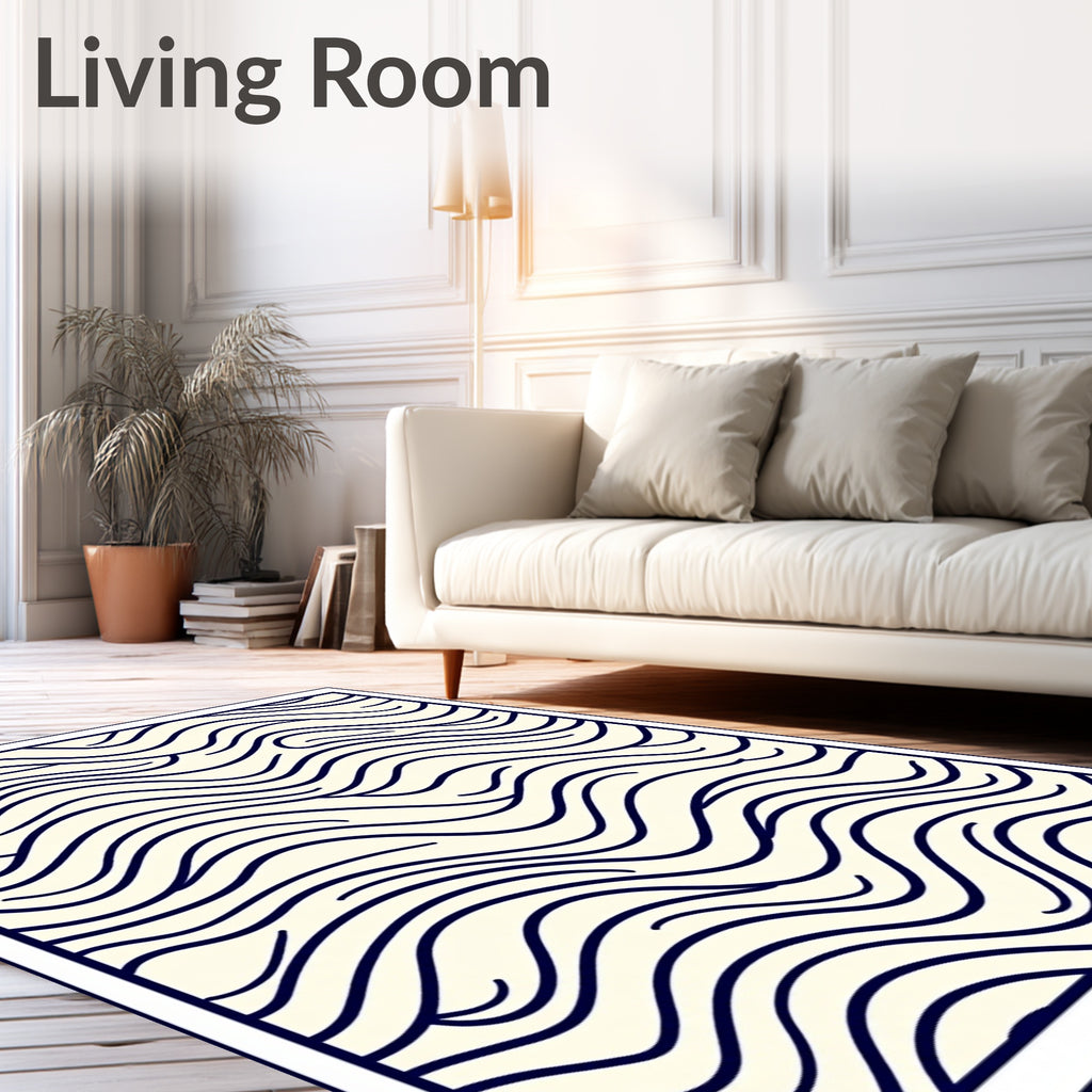 Cream Dark Blue Abstract Organic Lines Rug
