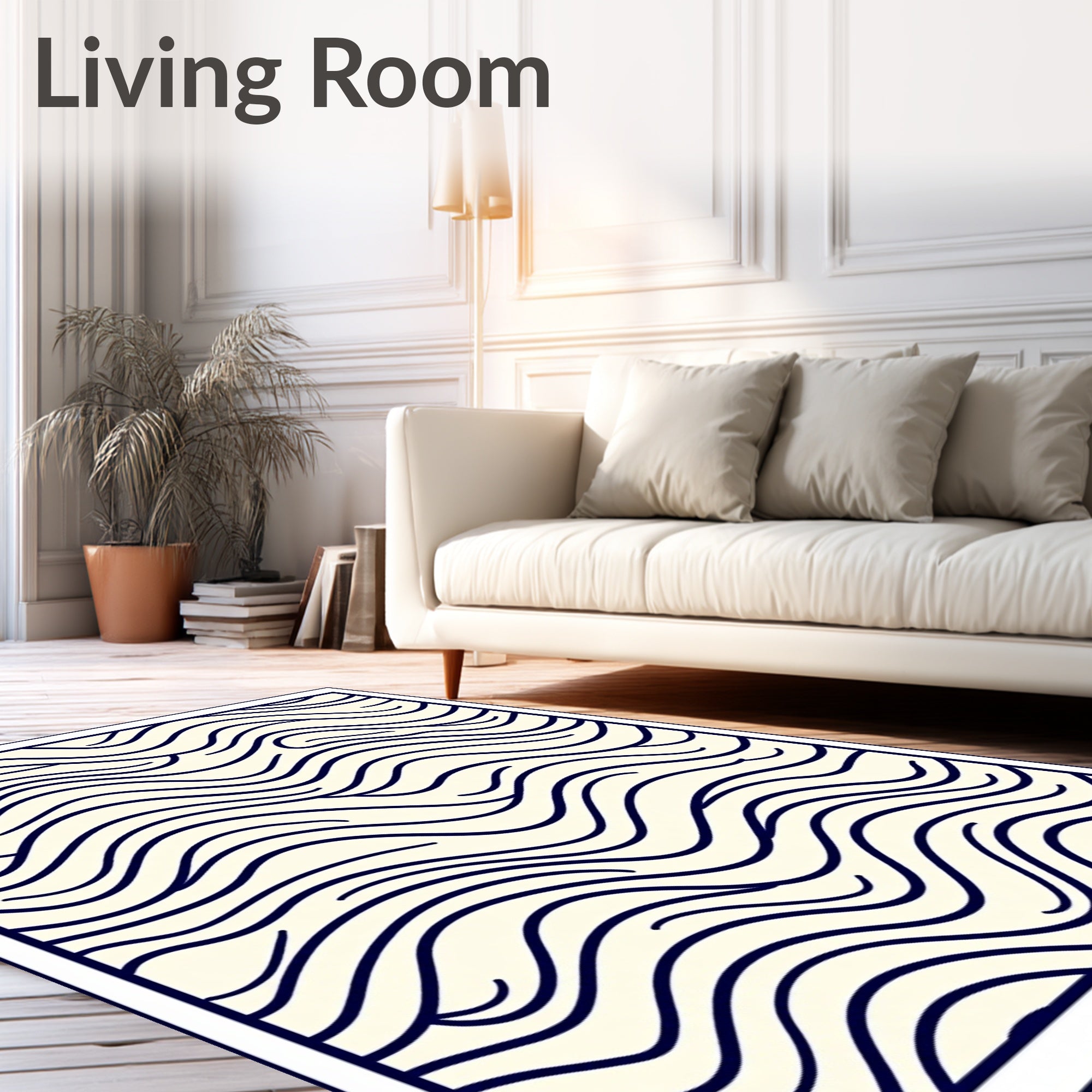 Cream Dark Blue Abstract Organic Lines Rug