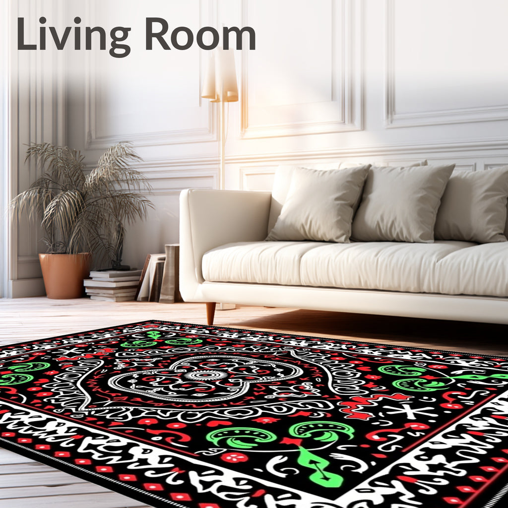 Bold Black Red Green Medallion Rug