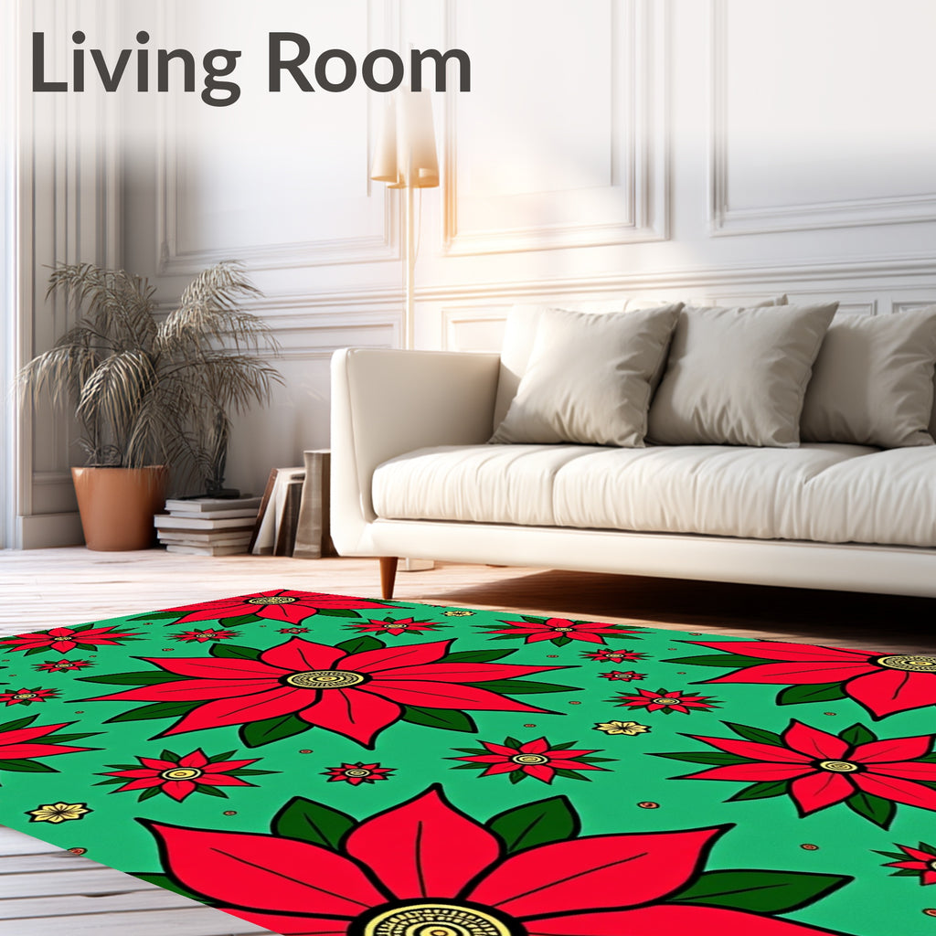 Large Red Poinsettia Green Floral Rug