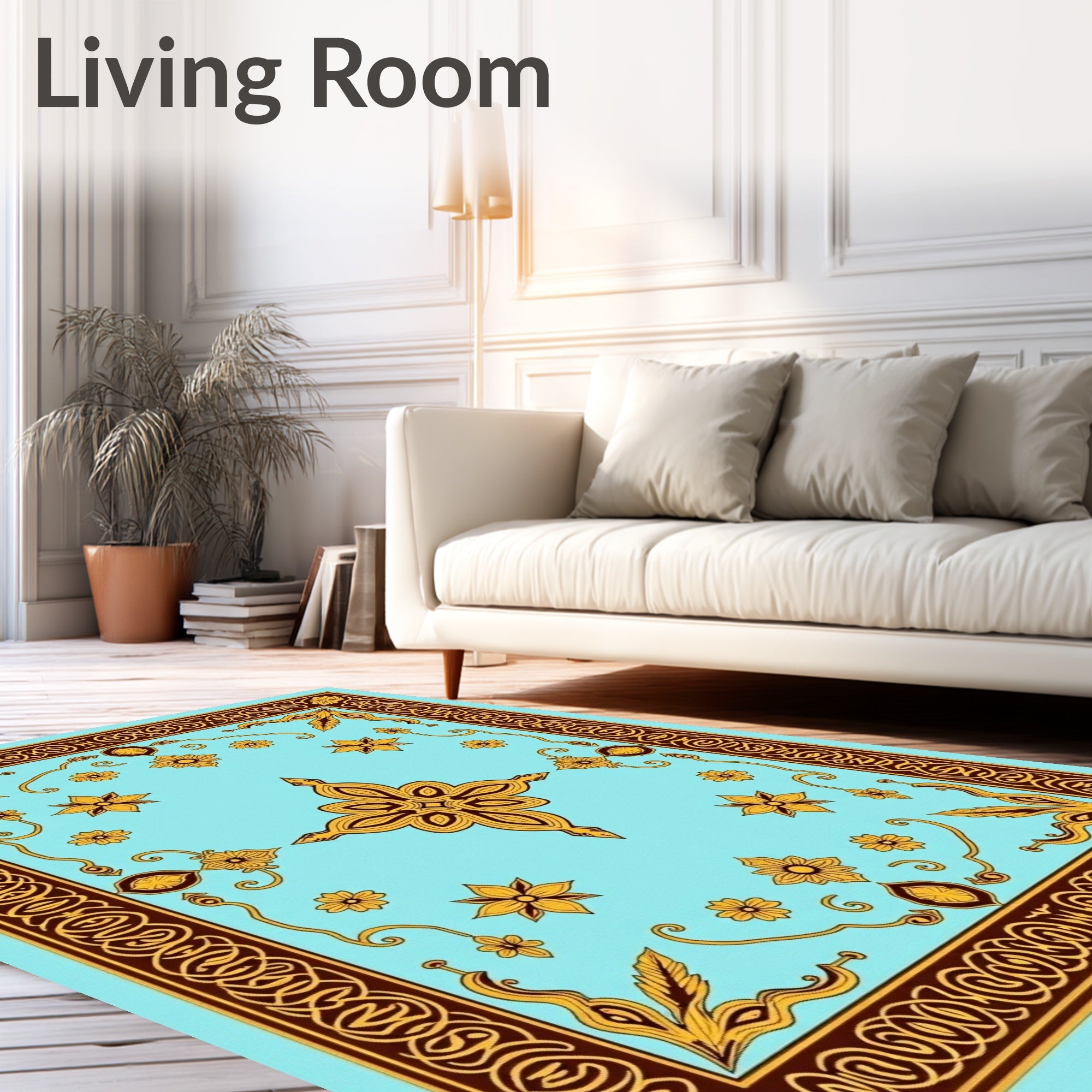 Turquoise Gold Floral Medallion Border Rug