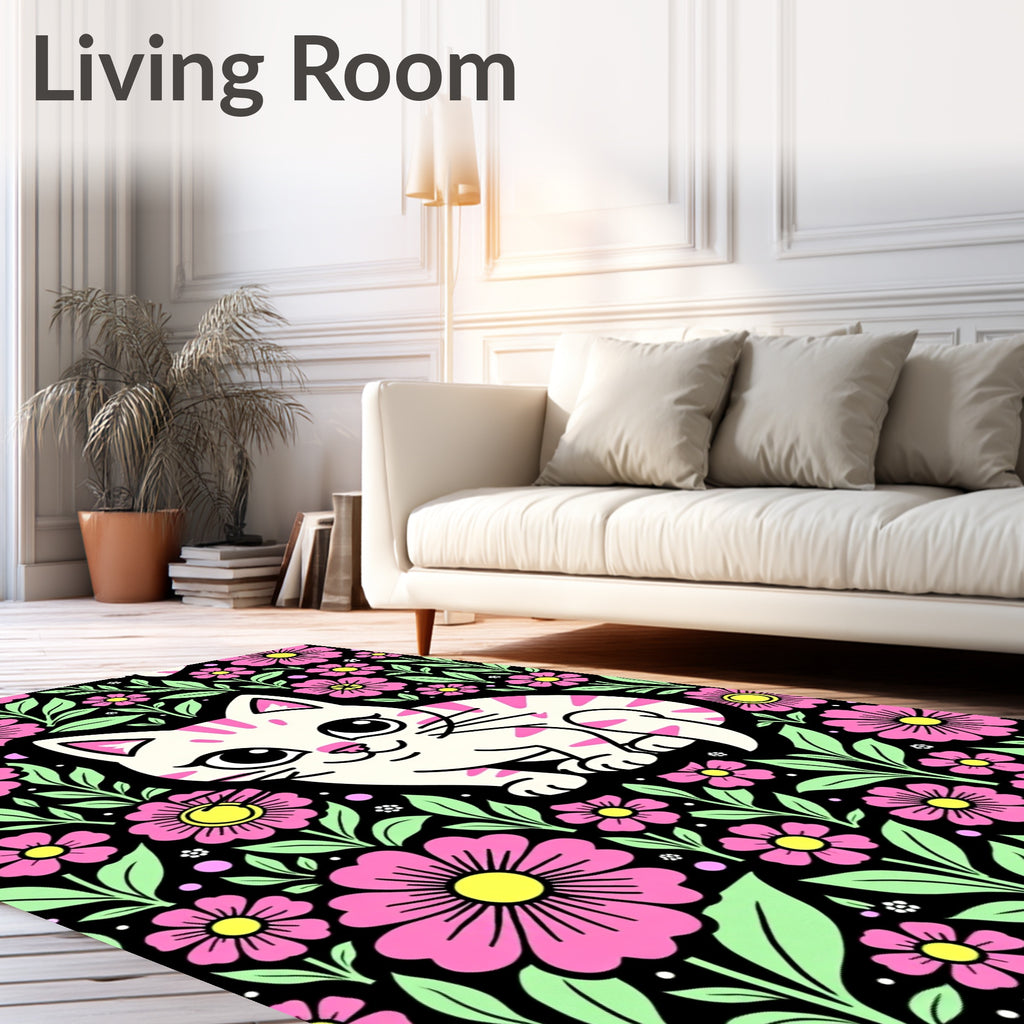 Whimsical Pink Floral Cat Garden Rug