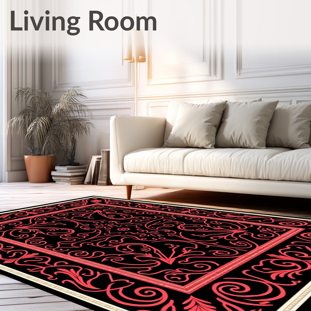 Coral Vine Scrolling Black Medallion Rug