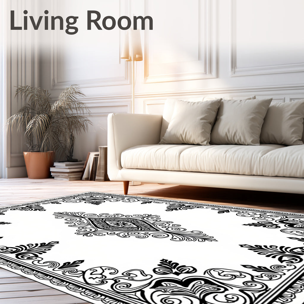 Black White Classic Filigree Diamond Rug