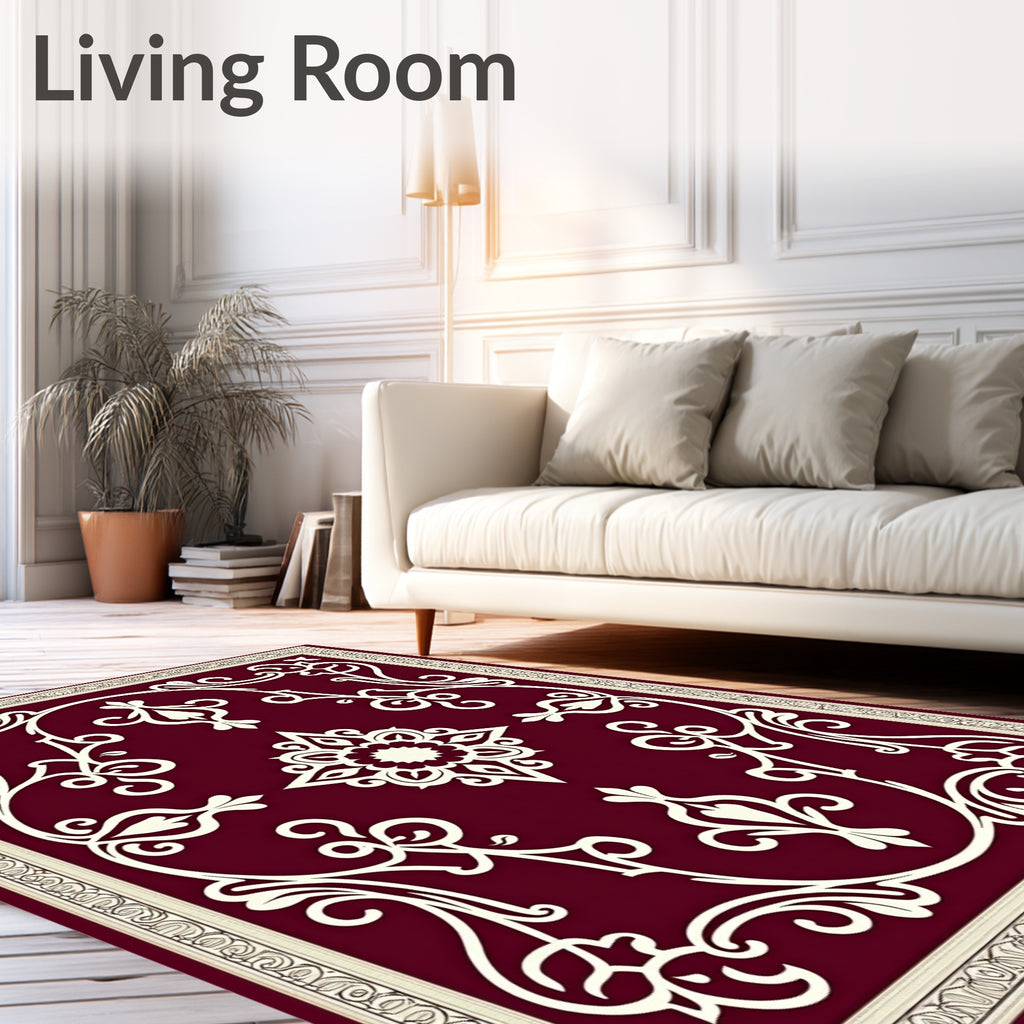 Maroon Floral Scroll Medallion Frame Rug