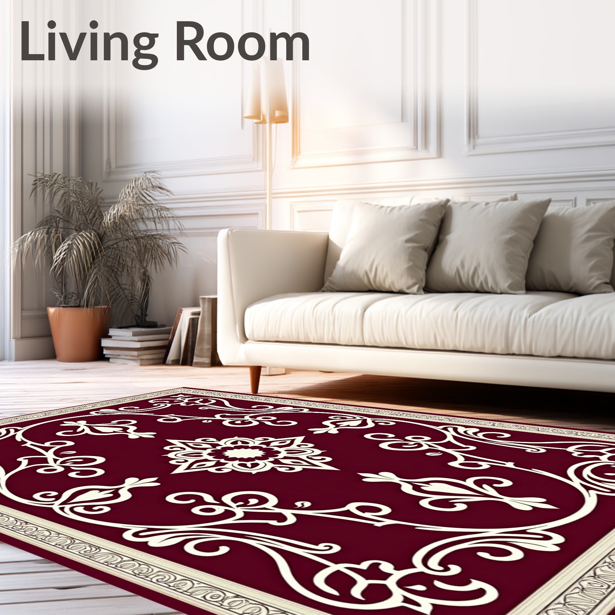 Maroon Floral Scroll Medallion Frame Rug