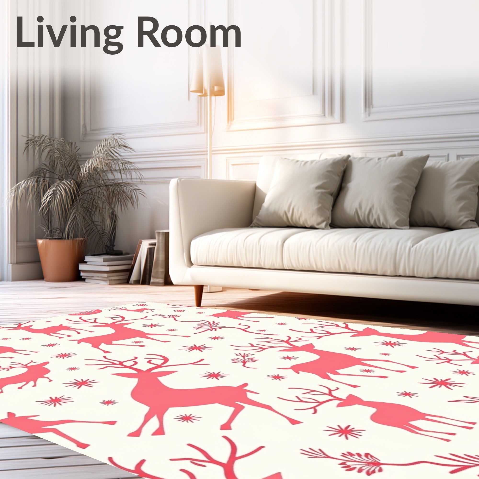 Coral Reindeer Snowflake Winter Scene Rug